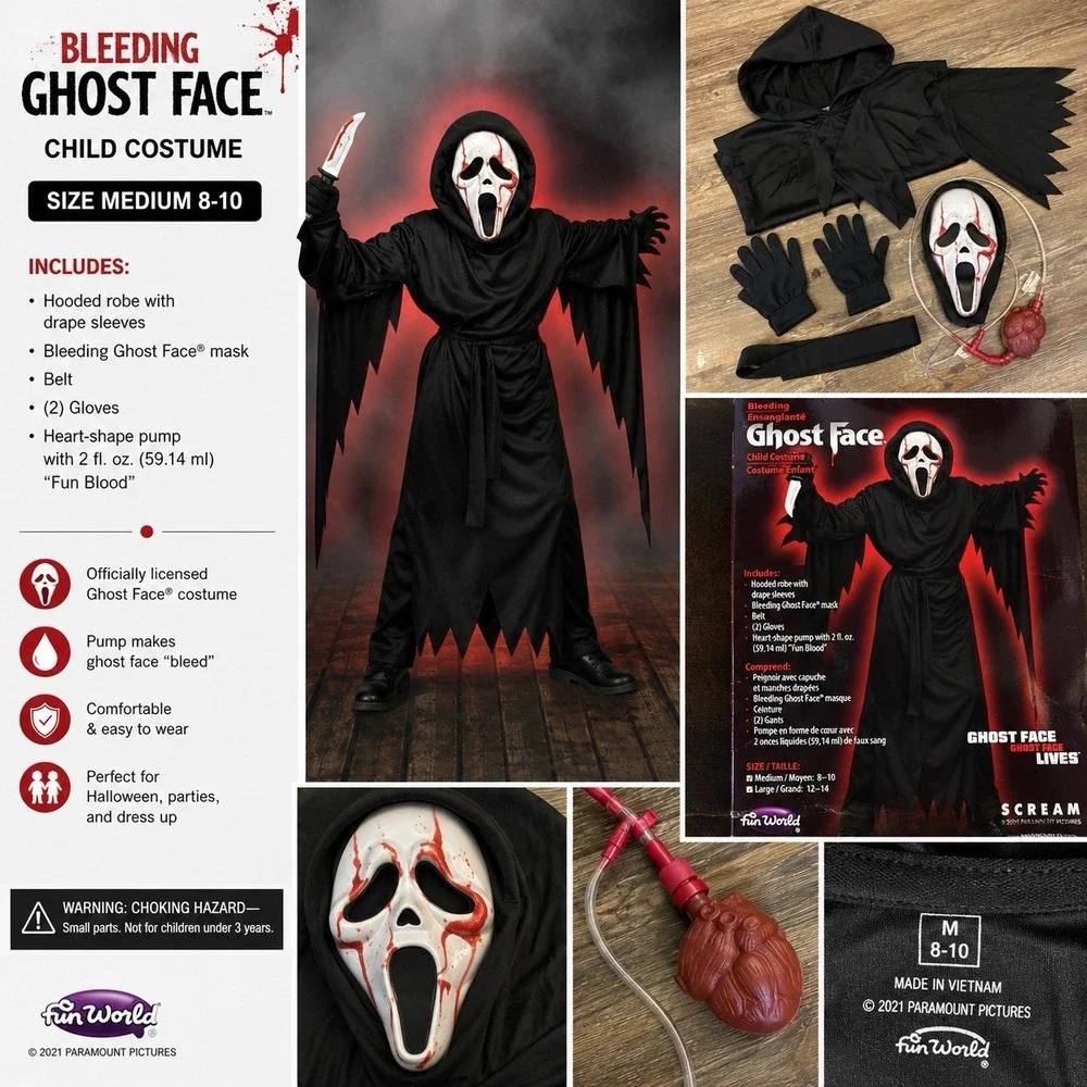Fun World Bleeding Ghost Face Scream Child Costume Size Medium 8-10 Complete